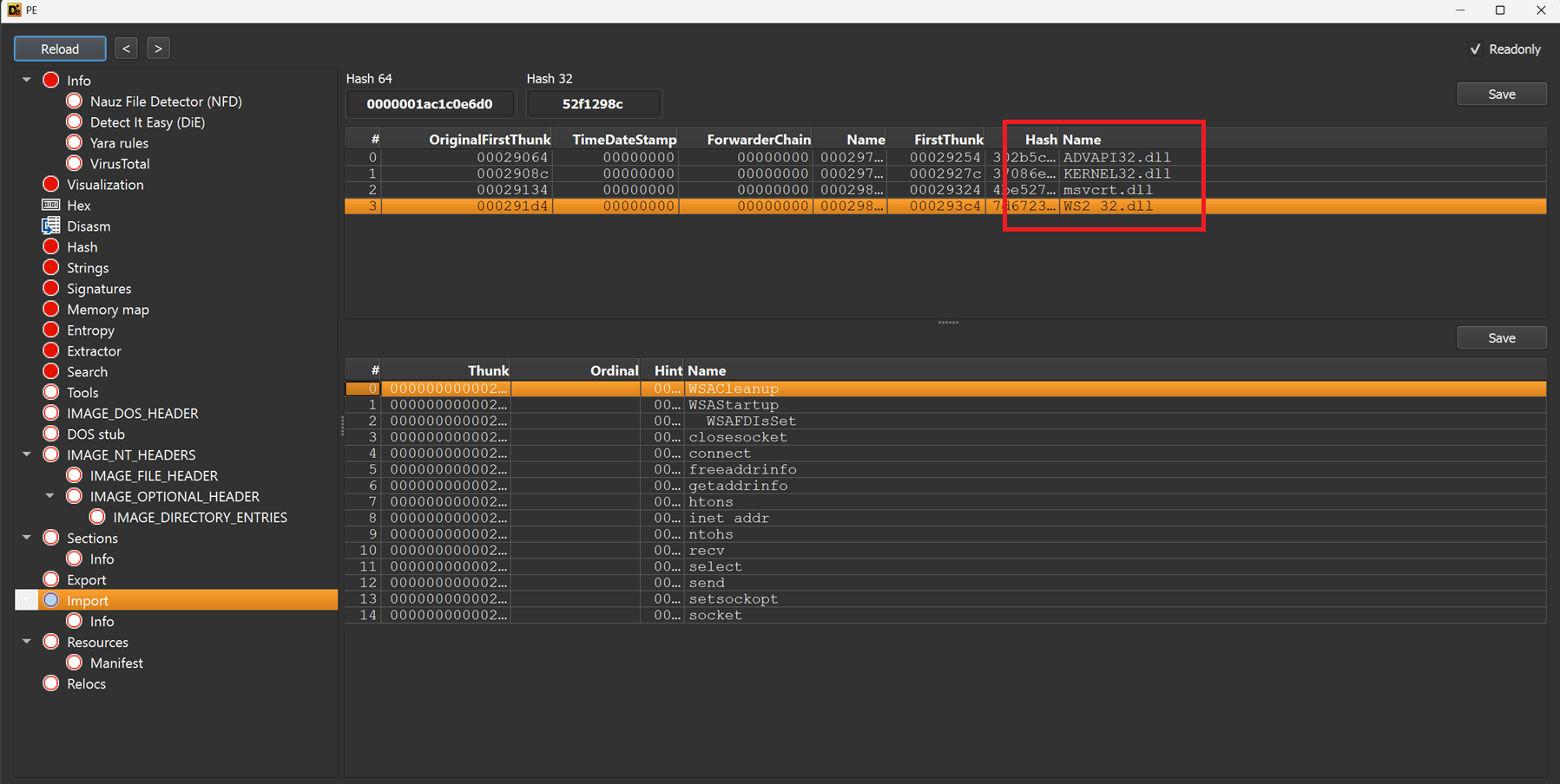 View of the sample’s Imports in Detect-It-Easy