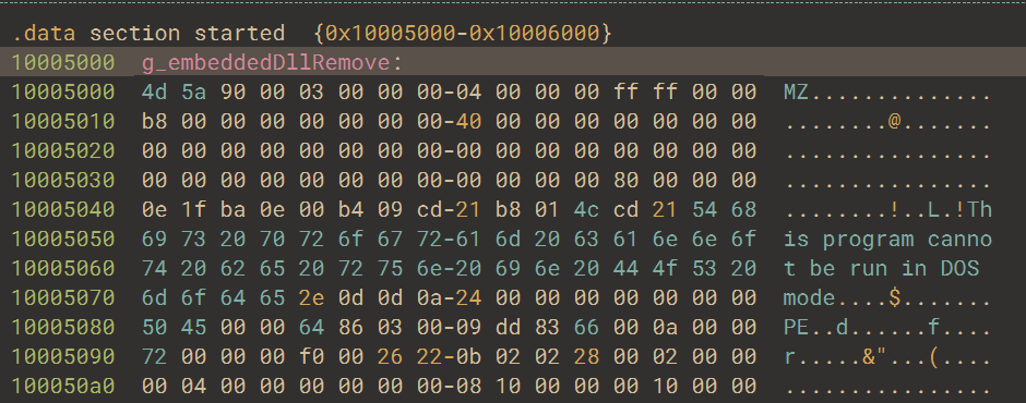 Hexadecimal representation of the embedded PE file