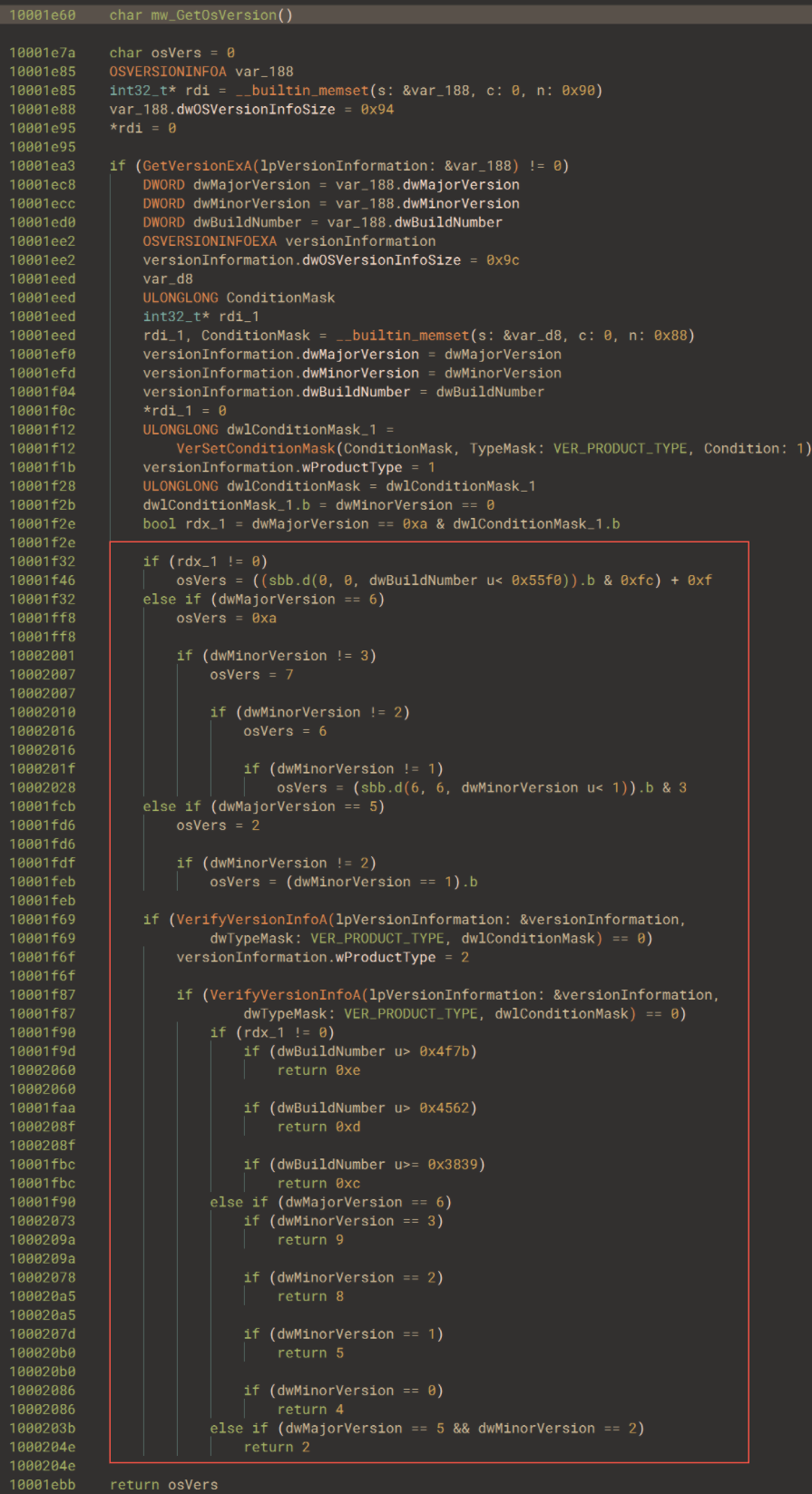 The routine used to gather information on the victim host through multiple Windows APIs